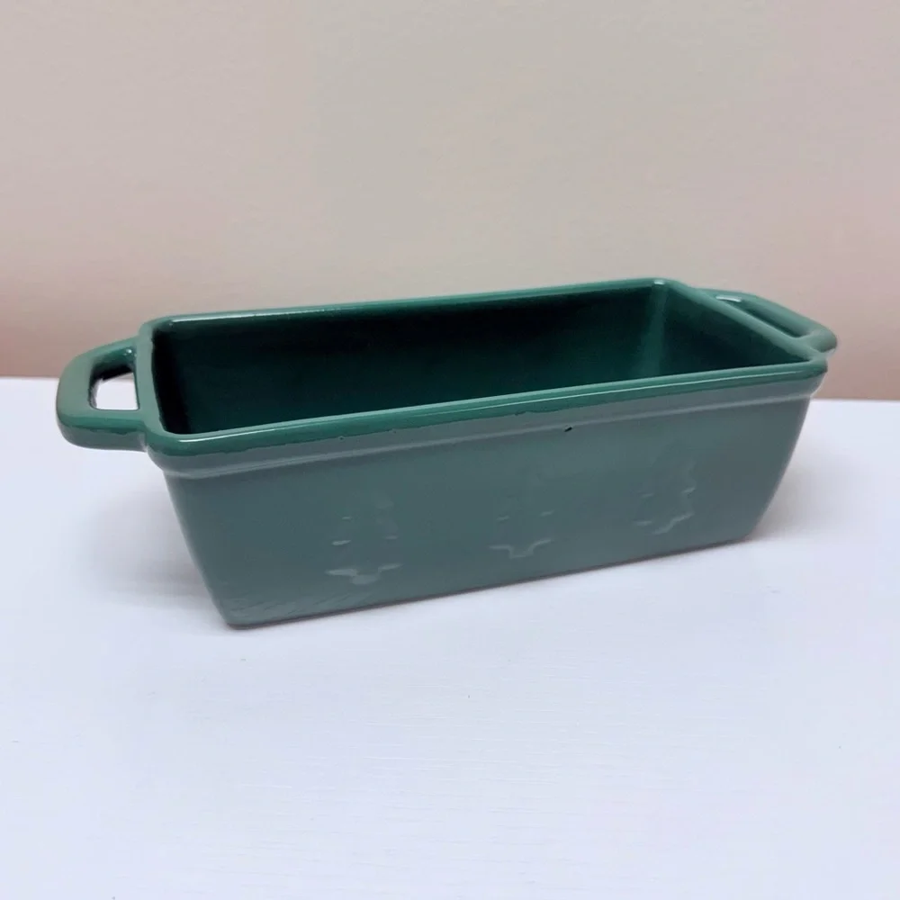 New! Green Holiday Bread Loaf Pan w/ Christmas Trees on sides Target Bullseye